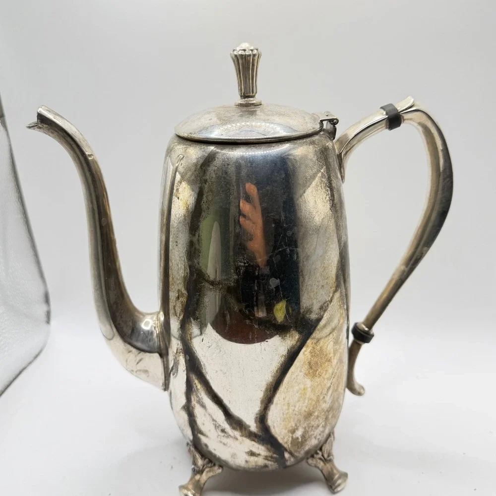 Vintage Silver Plated Coffee Pot‎ Footed Tea Pot Ornate Hinged Lid Tarnished